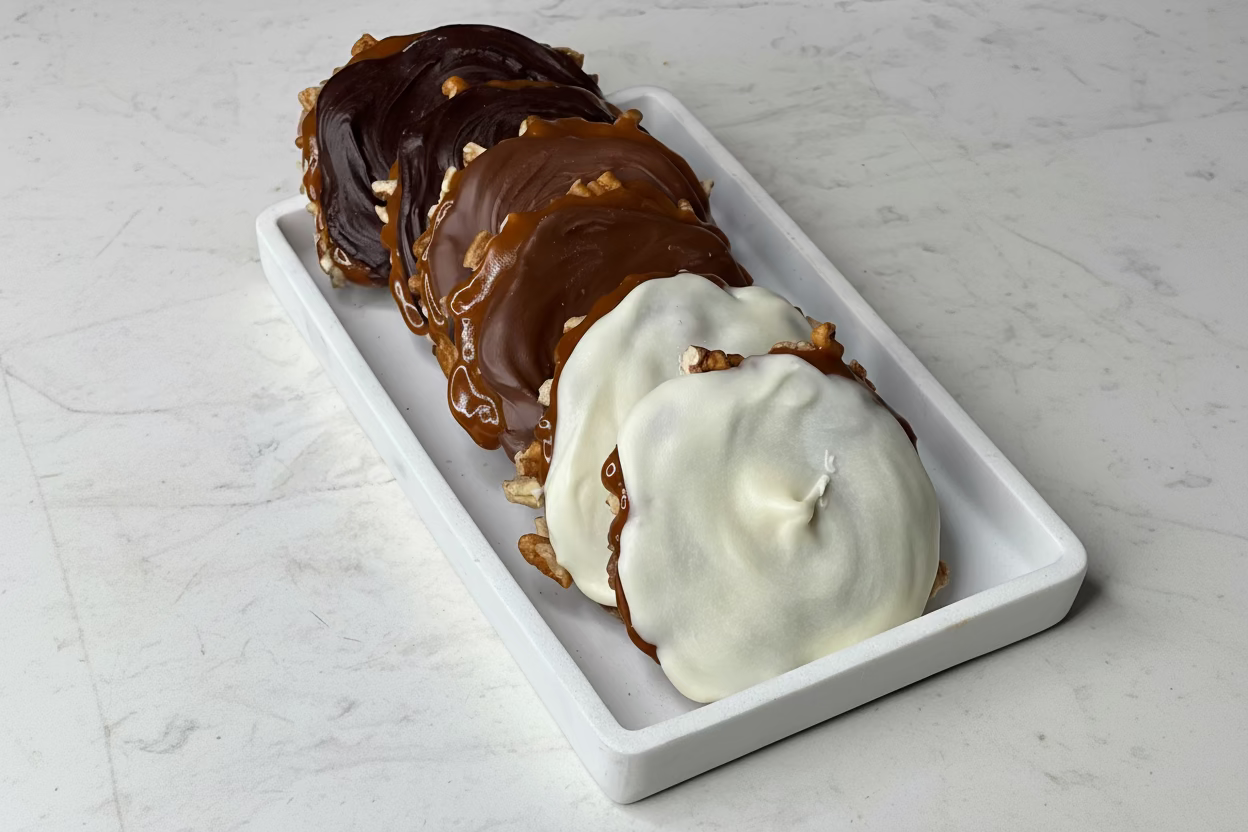 Three chocolate turtles on a white rectangular plate with a light gray background.